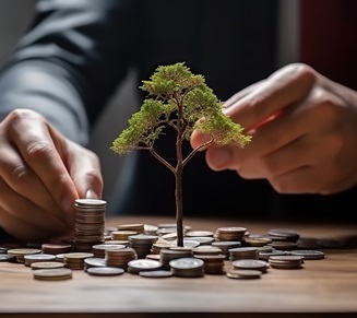 Coin Tree Cultivation: Businessman Planting a Money Tree on a Stack of Coins