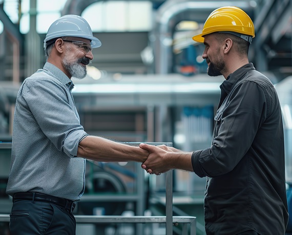 Engineer shaking hands with project manager in modern industrial factory, talking about new production project. Team management in manufacturing facility. copy space for text.