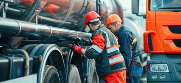 Engineers conducting a safety check on an oil tanker truck at a gas station