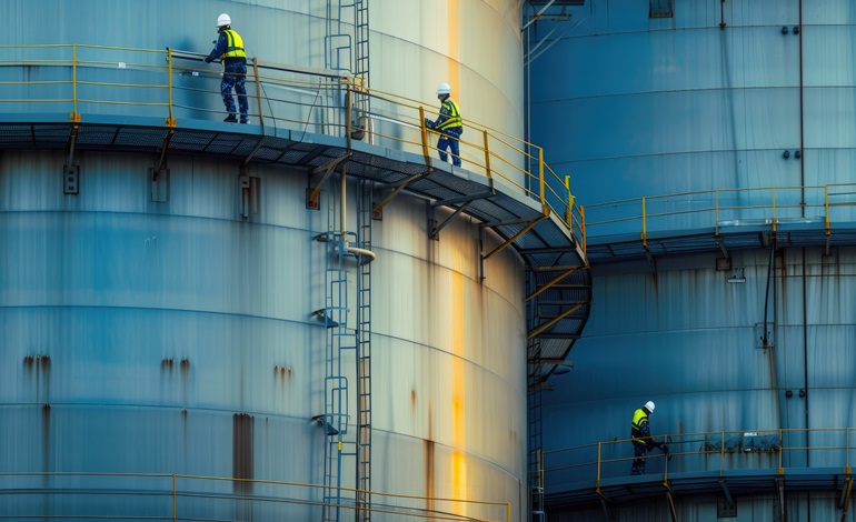 Inspecting Oil Storage Tanks at Refinery